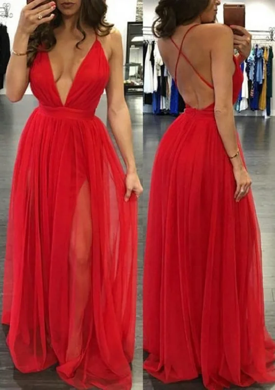A-line/Princess V Neck Sleeveless Sweep Train Tulle Prom Dress