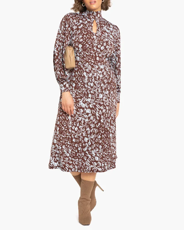 Kristina A-line Dress with Puffed Sleeves | Brown / Light Blue