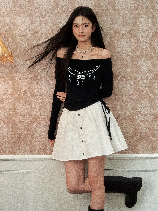 Black  One-Shoulder Pearl Chain Printed Dress