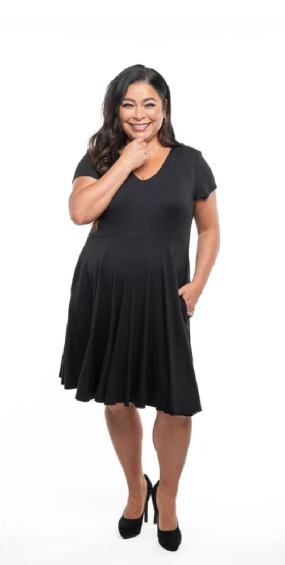 SS2401 -Black Rib Knit Fit & Flare Dress with Pockets