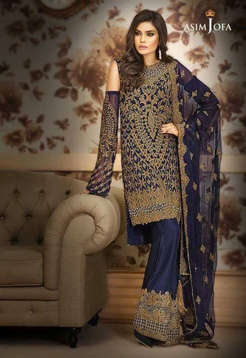 Beautiful chiffon dress by asim jofa in dark blue and dull golden color Mode#C 861