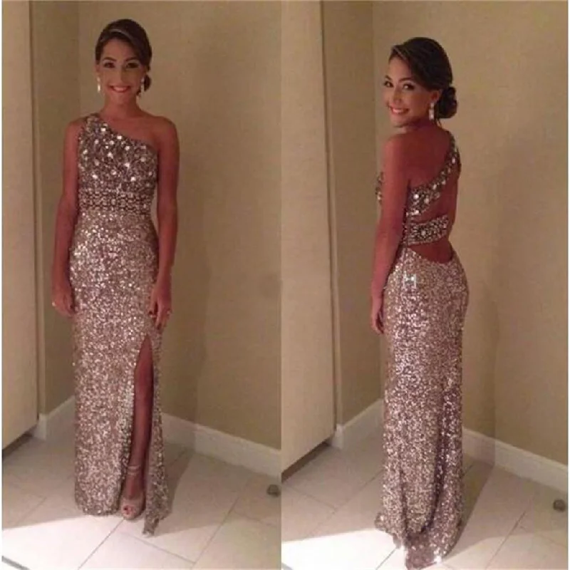One Shoulder Sequin Side Split Shinning Long Prom Dresses, BG51144