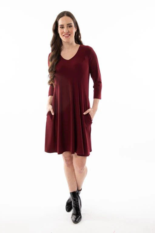 Burgundy 3/4 Sleeve Dress with Pockets