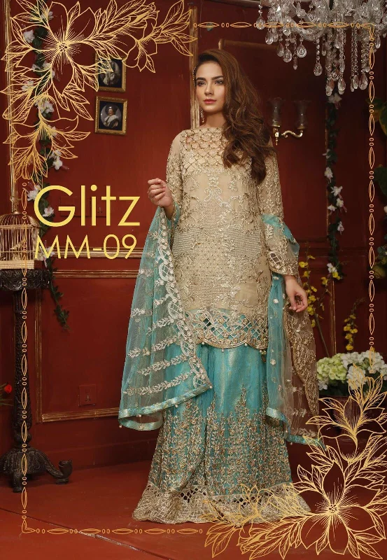 Chiffon dress by Mariam and Myra in skin and ferozee turquoise color Model #C 574