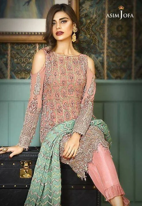 Beautiful chiffon dress by asim jofa in tea pink and mint green color Model# C 858