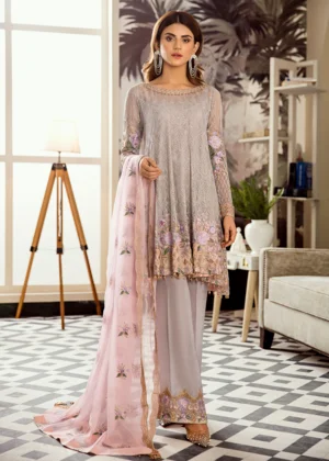 Latest Pakistani embroidered chiffon dress in grey and pink color # P2422