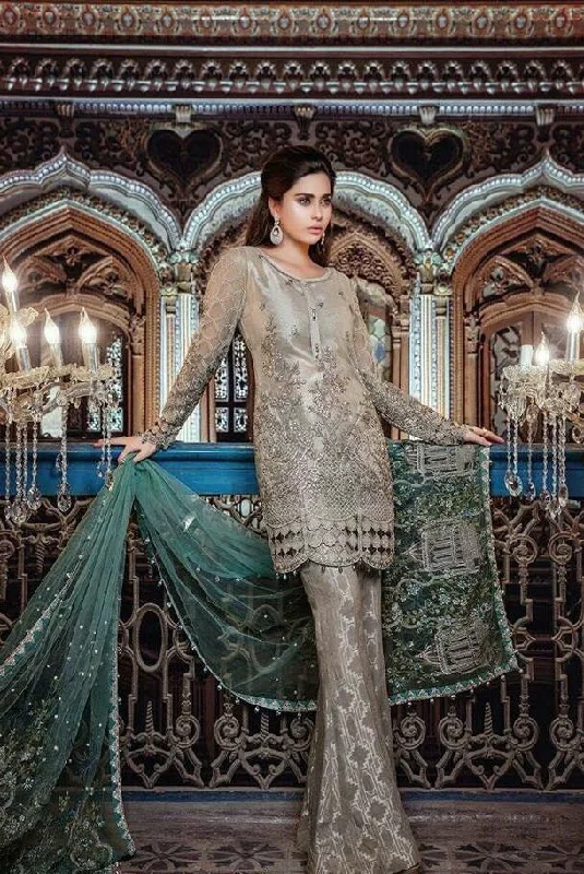 Chiffon dress by Maria b in silver gold color with threds embroidery and sequence work Model# C 562