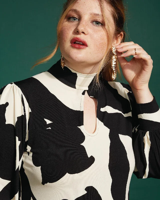 Kristina A-line Dress with Puffed Sleeves | Black / Ivory