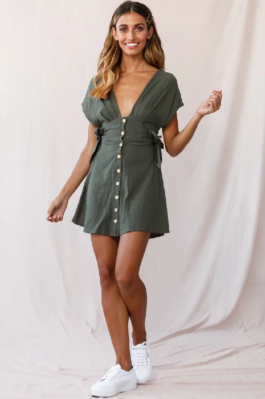Dara Button Accent Dress Green Khaki
