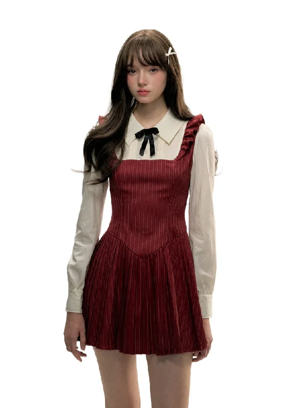 Red & Grey Fitted Long-sleeve Shirt Collar Dress