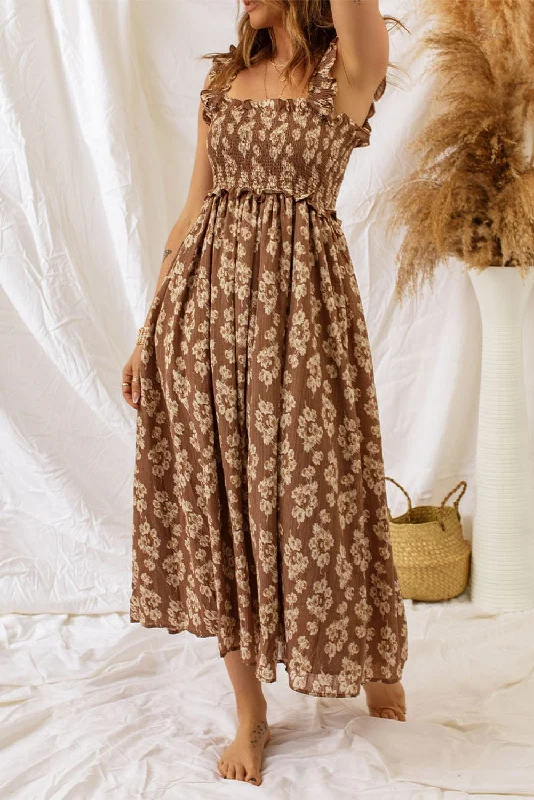 Bohemian Brown Floral Dress with Ruffles
