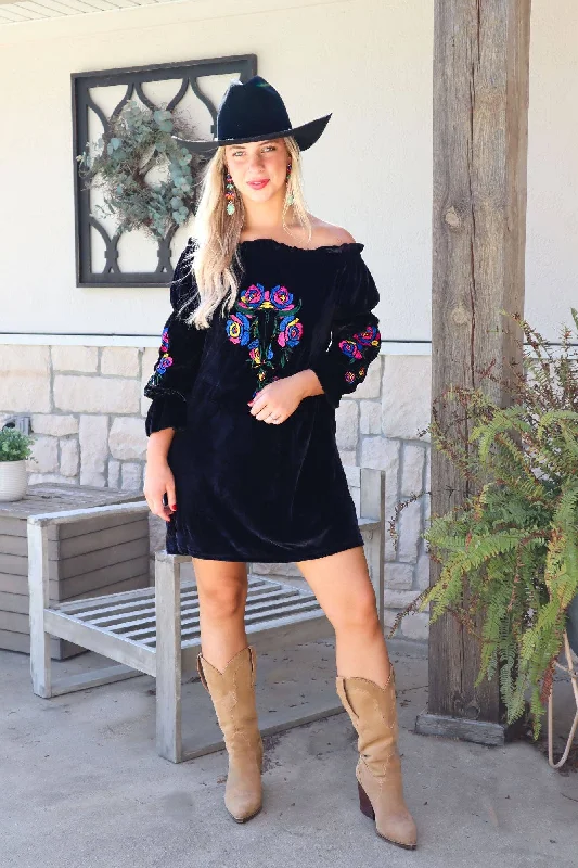 Embroidered Velvet Tunic Dress - Black