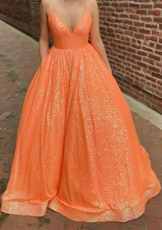 A-line V Neck Sleeveless Sweep Train Sequined Prom Dress with Pockets