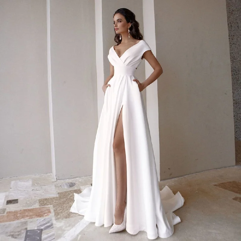 Modern V-Neck Sweep Train Slit A Line Bridal Gown Dress with Pockets