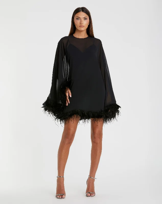 Trapeze Feather Trim Mini Dress Stylish Short-Sleeve Mini Dress