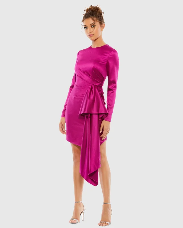 Asymmetrical Draped Long Sleeve Mini Dress Stylish Ribbed Mini Dress