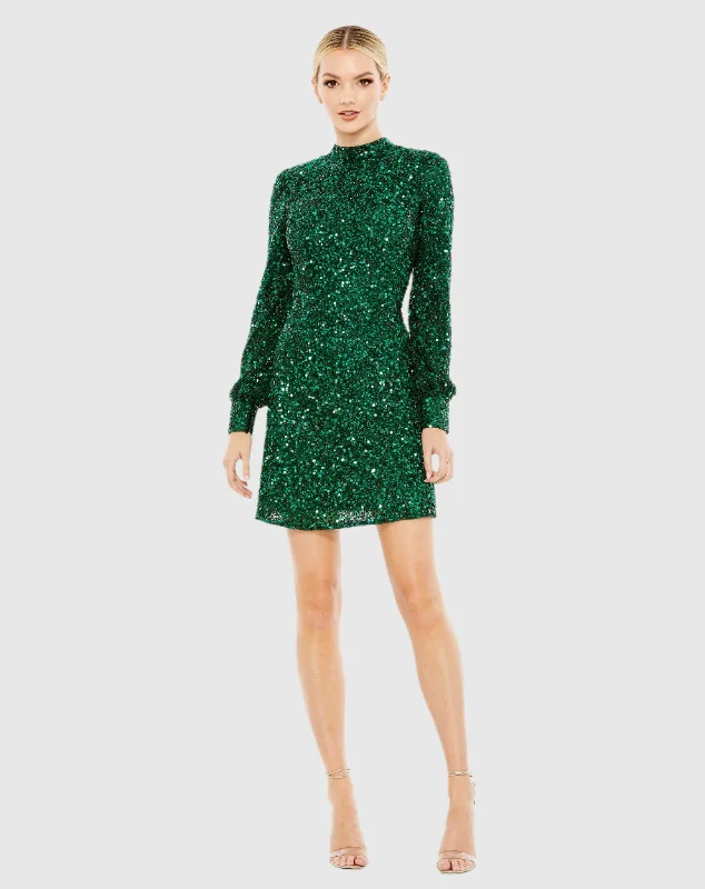 Sequin Open Back Bishop Sleeve Mini Dress Cozy A-Line Mini Dress