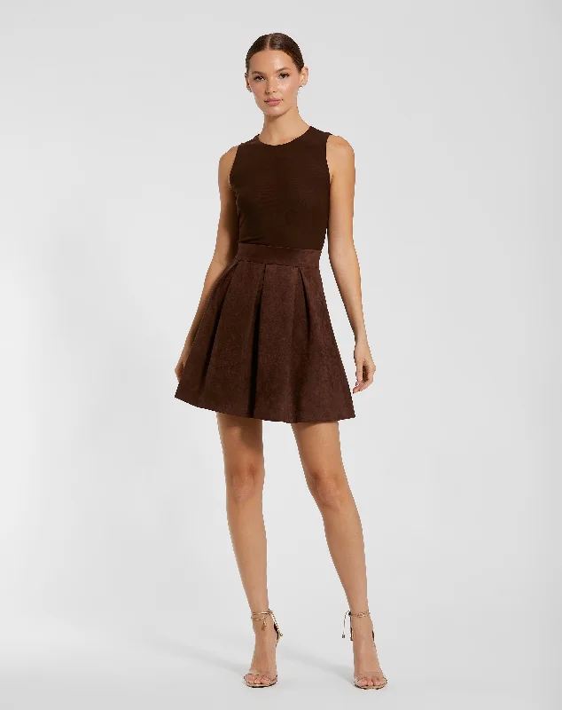 Sleeveless Mesh And Suede A Line Mini Dress Chic Pleated Mini Dress