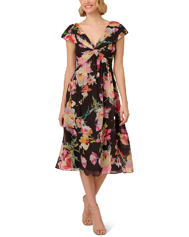 Adrianna Papell Printed Front Twist Midi Dress Trendy Ruffle Hem Midi Dress