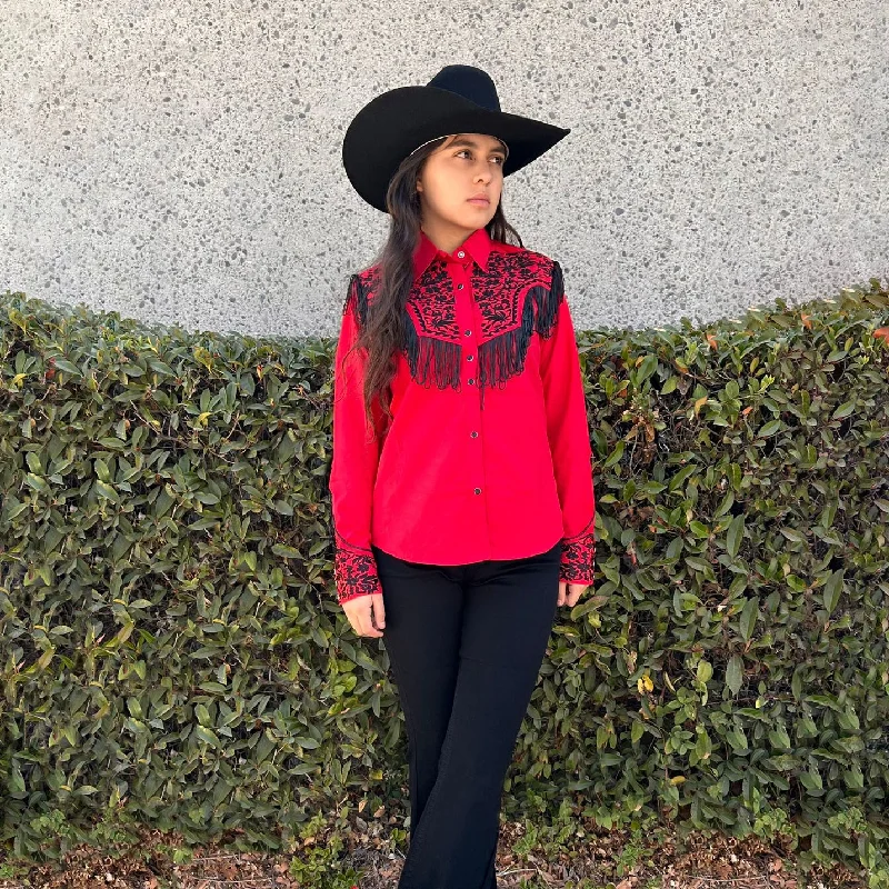 American West Cowgirl Embroidered Tassel Shirt - Red Trendy Button-Front Short Sleeve American West Cowgirl Embroidered Tassel Shirt - Red Trendy Button-Front Short Sleeve
