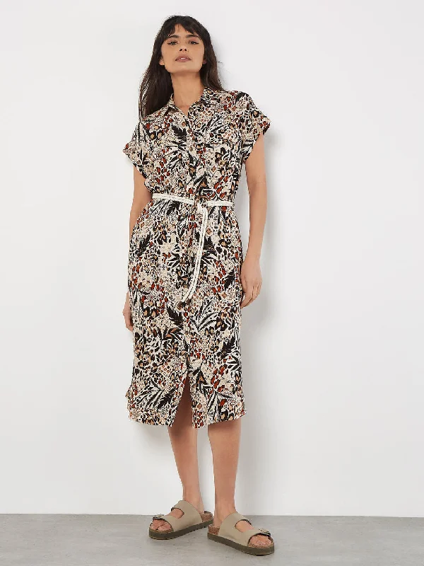 Ap 832909 Mixed Animal Print Shirt Midi Dress Stylish Midi Dress with Cuffs