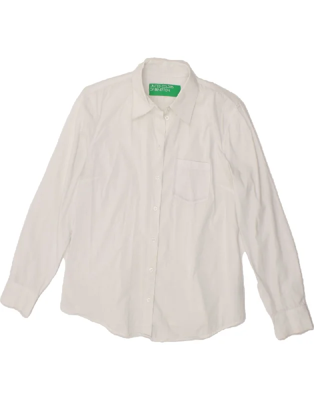 BENETTON Womens Shirt UK 12 Medium White Cotton Relaxed Button-Down Short Shirt