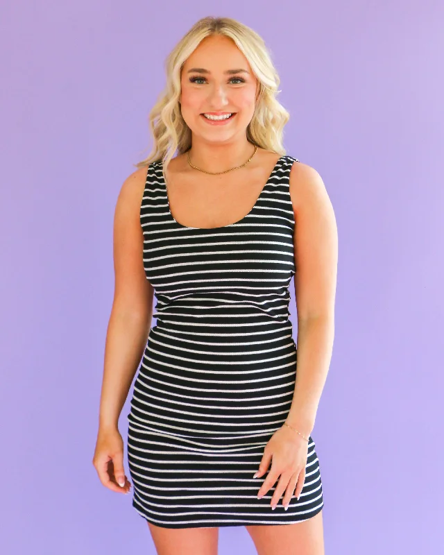 Black Stripe Tank Mini Dress Comfortable Off-Shoulder Mini Dress