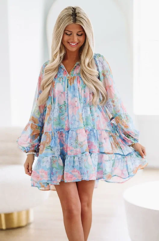 Bloom Time Mini Dress - Blue Comfortable Smocked Mini Dress