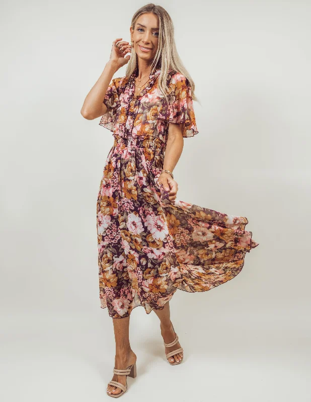 Brittany Floral Midi Dress Elegant Faux Wrap Midi Dress