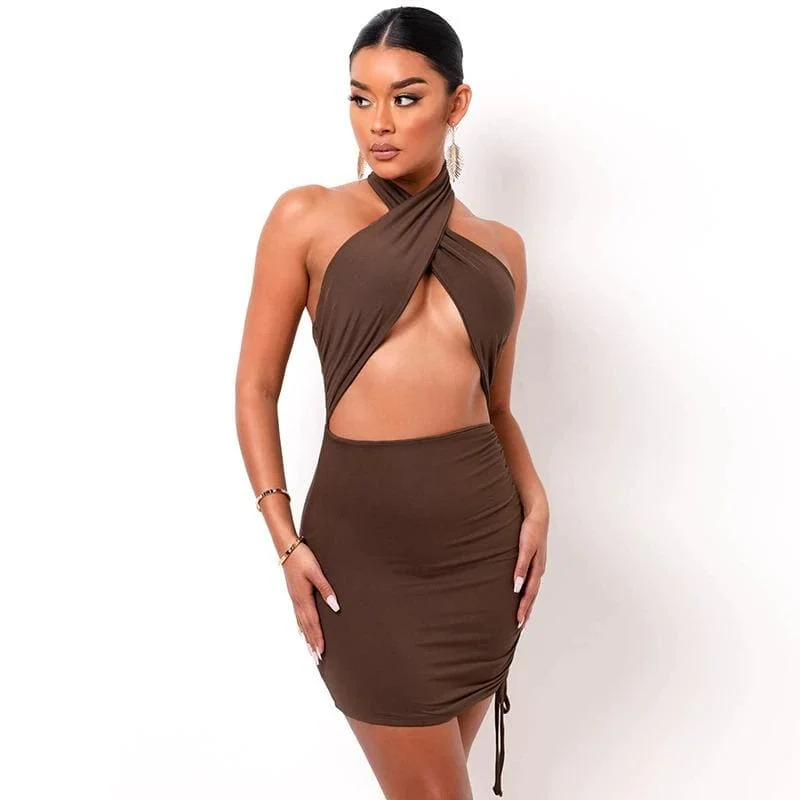 Brown Halter Wrap Ruched Cutout Mini Dress Comfortable One-Shoulder Mini Dress