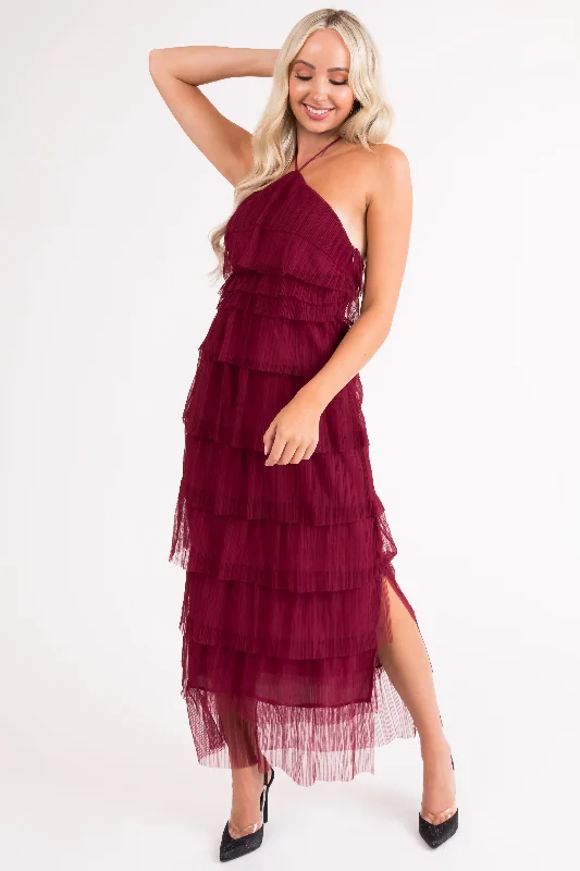 Burgundy Halter Tiered Pleated Tulle Midi Dress Comfortable Deep V Midi Dress