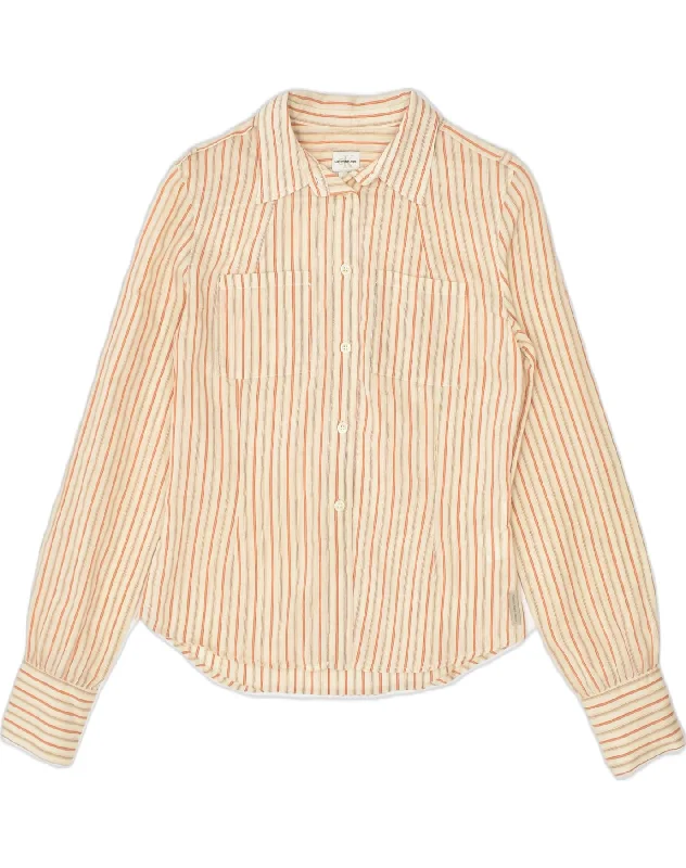 CALVIN KLEIN JEANS Womens Shirt Medium Beige Striped Cotton Fashionable Draped Short Sleeve CALVIN KLEIN JEANS Womens Shirt Medium Beige Striped Cotton Fashionable Draped Short Sleeve