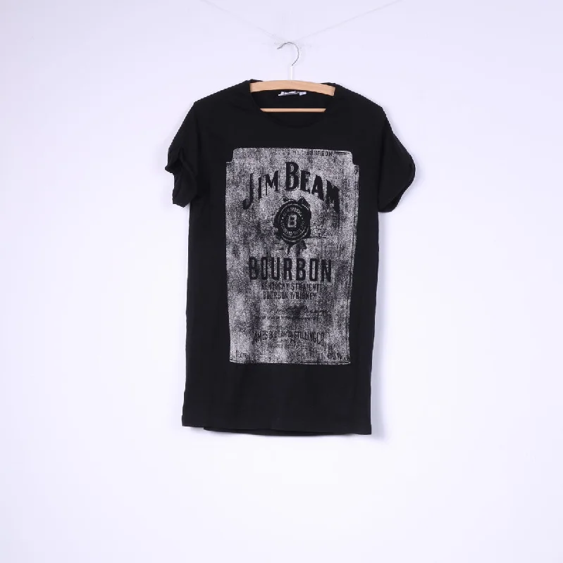 Cedar Wood State Jim Beam Women L Shirt Black Cotton Graphic Bourbon Top Elegant Draped Short Shirt