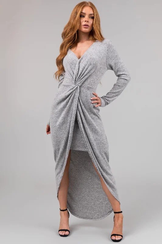 Chloe Heather Grey Two Tone Long Sleeve Twist Knot Midi Dress Comfortable Fit-and-Flare Midi Dress