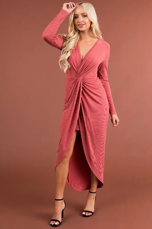 Chloe Marsala Long Sleeve Twist Knot Midi Dress Stylish High-Waisted Midi Dress