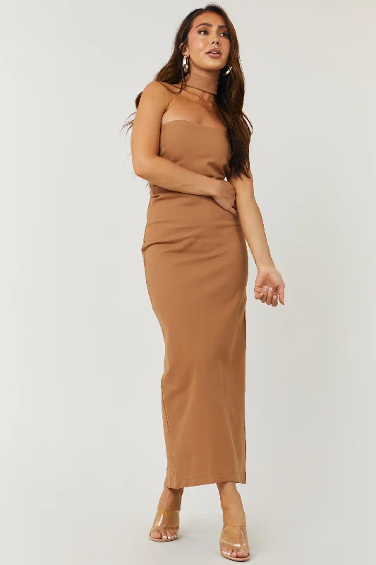 Cognac Racerback Mock Neck Strapless Midi Dress Elegant Faux Wrap Midi Dress