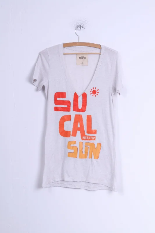 Hollister Womens M Shirt Beige Cotton V Neck Graphic Summer Sun Top Modern Short Sleeve Top