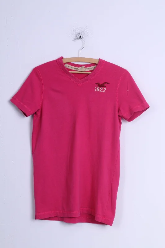 Hollister California Womens S Shirt Pink Cotton Stretch V Neck Long Fit Top Classic Short Sleeve Blouse