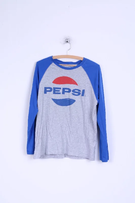 Pepsi Womens L Shirt Cotton Grey Blue Long Sleeve Graphic Stretch Top Comfortable Stretch Short Shirt