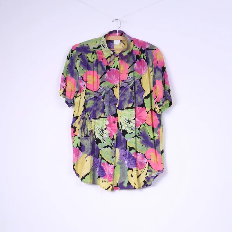 Vintage Womens 44 XL Casual Shirt Viscose Multicolor Floral Print Shoulder Pads Casual Button-Down Short Shirt