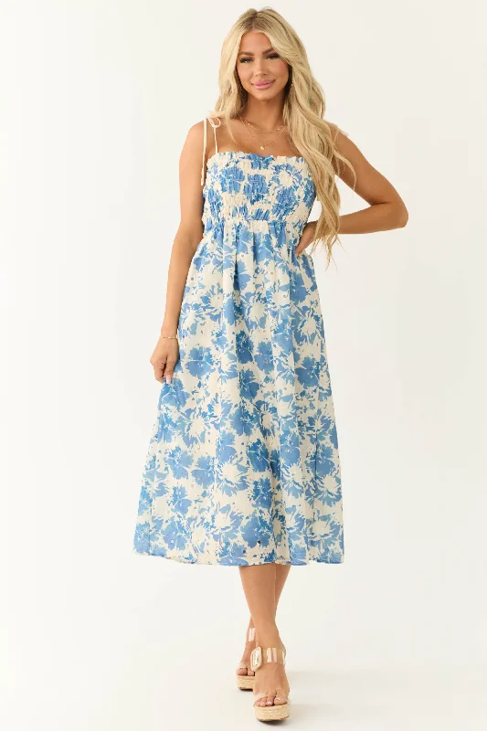 Cream and Steel Blue Floral Print Midi Dress Chic Floral Print Midi Dress