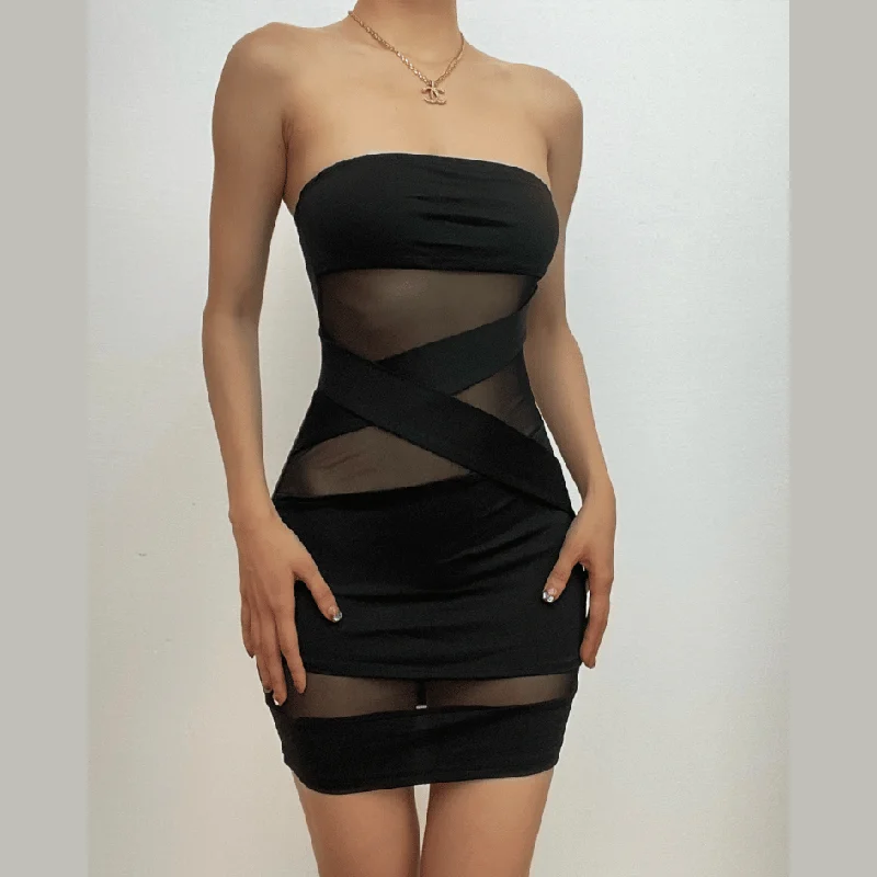 Cross front solid mesh backless patchwork tube mini dress Trendy Mini Dress with Belt