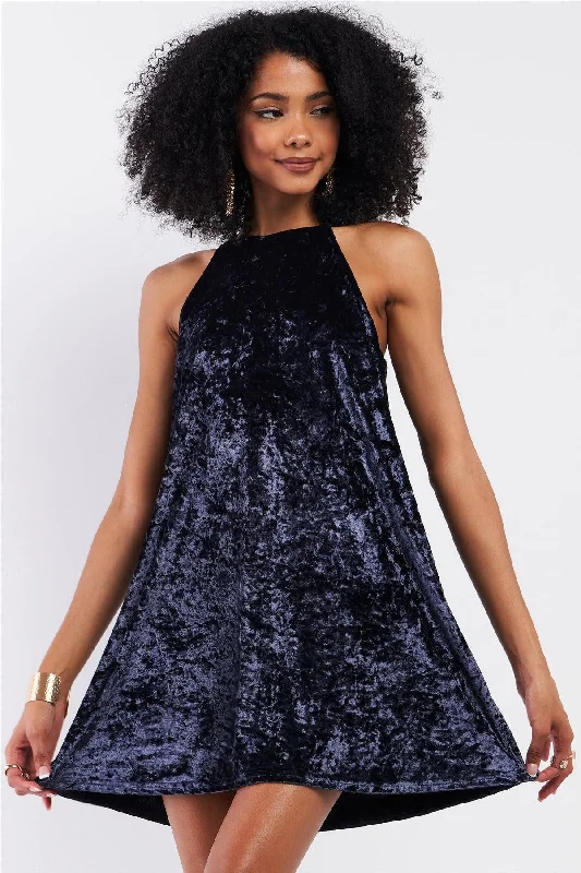 Dusty Blue Velvet Square Halter Neck Mini Dress Trendy Off-Shoulder Dress Mini