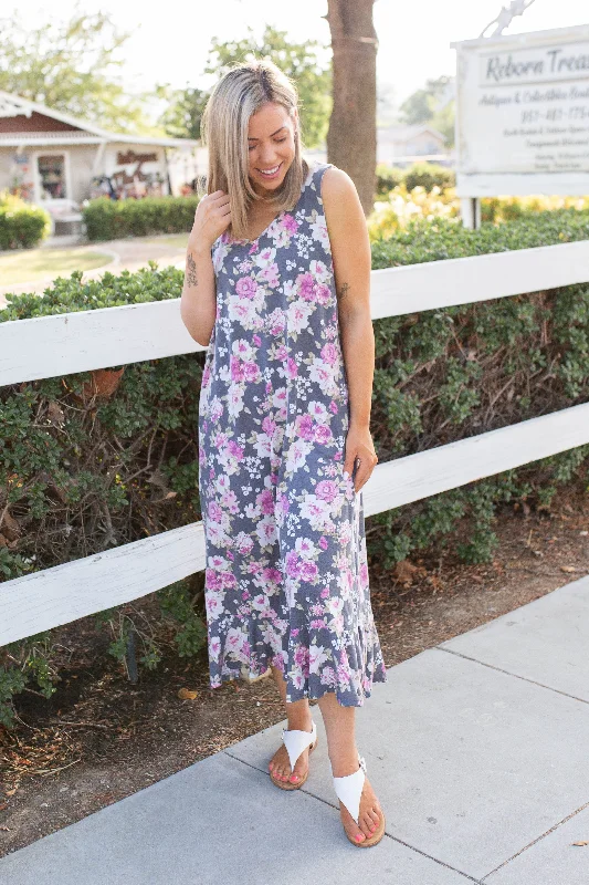 Dusty Floral Midi Dress Trendy Off-Shoulder Ruffle Midi Dress