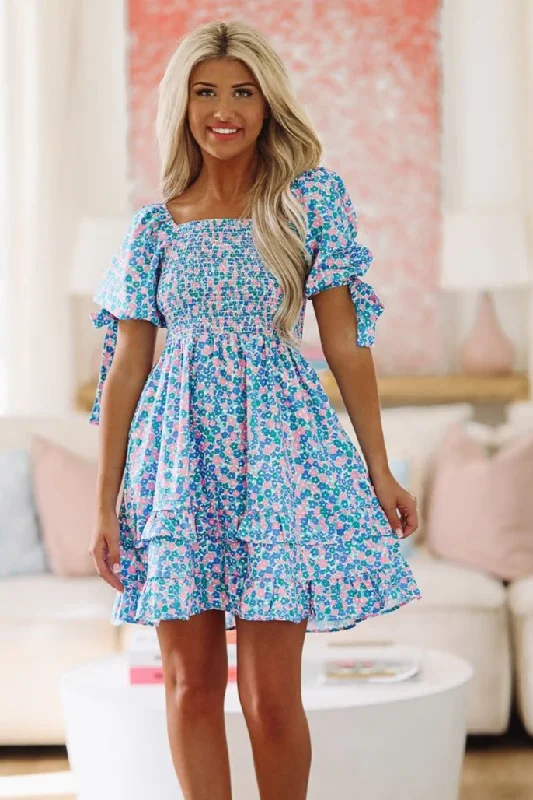 East Bay Mini Dress - Blue , Pink and Green Stylish Puff Sleeve Mini Dress