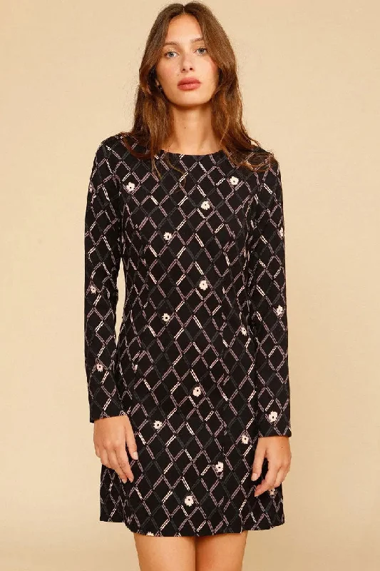 Elegant Argyle Floral Print French Long Sleeve Mini Dress - Black Elegant Off-Shoulder Dress Mini