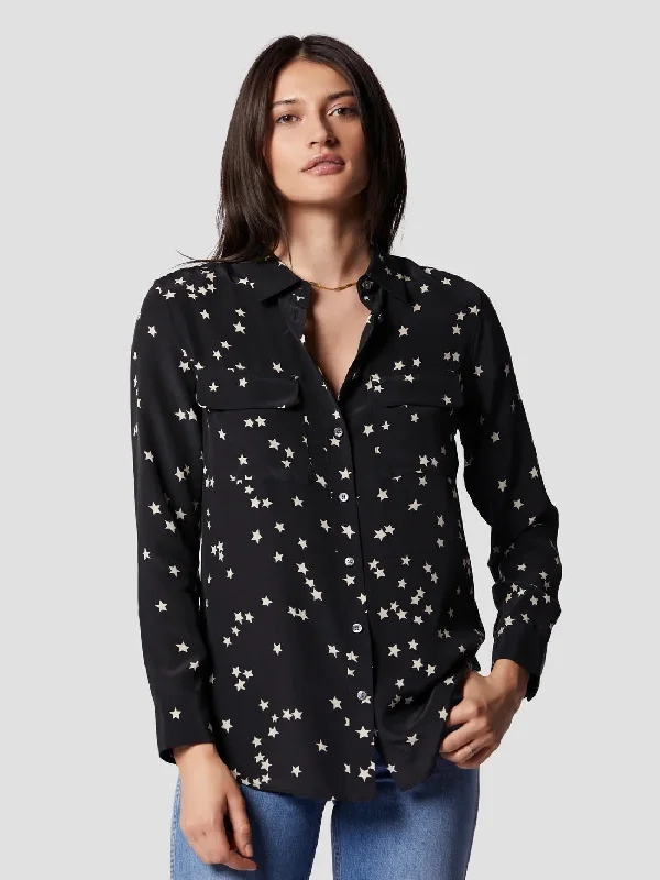 EQUIPMENT Slim Signature Silk Shirt - TRUE BLACK STAR PRINT Stylish Short Sleeve Top EQUIPMENT Slim Signature Silk Shirt - TRUE BLACK STAR PRINT Stylish Short Sleeve Top