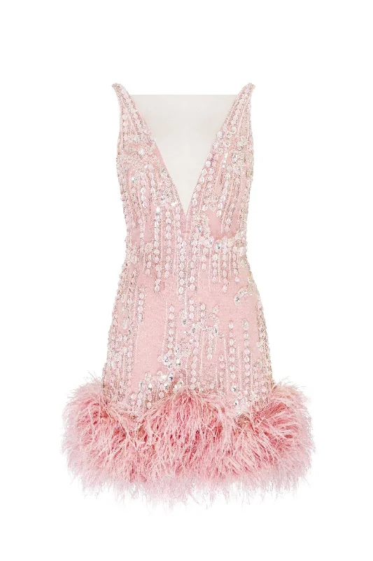 Fabulous mini dress on straps adorned with crystals and feathers Cozy Cowl Neck Mini Dress