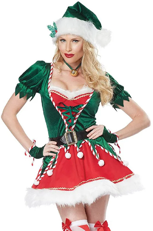 Fairy Elf Cosplay Pom Pom Belted Velvet Christmas Two Piece Mini Dress - Green Trendy Denim Mini Dress