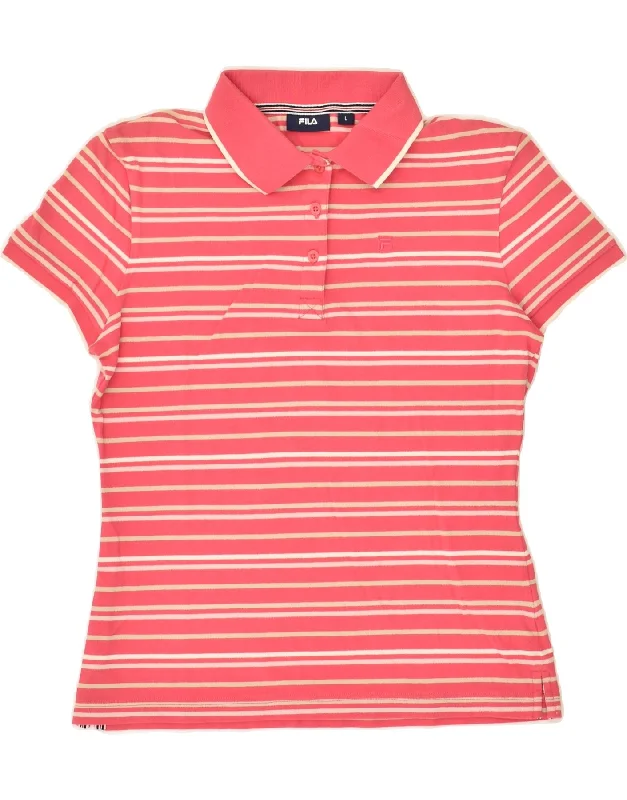 FILA Womens Polo Shirt UK 14 Large Pink Striped Cotton Comfortable Short Sleeve Tunic FILA Womens Polo Shirt UK 14 Large Pink Striped Cotton Comfortable Short Sleeve Tunic
